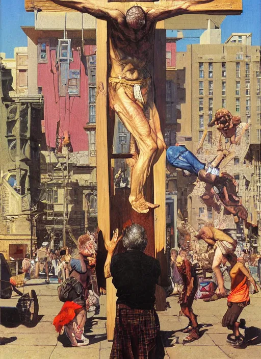 Prompt: realistic detailed image of a old man on a wooden cross in the middle of a busy city street in the style of Francis Bacon, crucifixion Surreal, Norman Rockwell and James Jean, Greg Hildebrandt, and Mark Brooks, triadic color scheme, By Greg Rutkowski, in the style of Francis Bacon and Syd Mead and Edward Hopper and Norman Rockwell and Beksinski, dark surrealism, open ceiling, highly detailed, painted by Francis Bacon, painted by James Gilleard, surrealism, by Nicola Samori, airbrush, Ilya Kuvshinov, WLOP, Stanley Artgerm, very coherent, art by Takato Yamamoto and James Jean