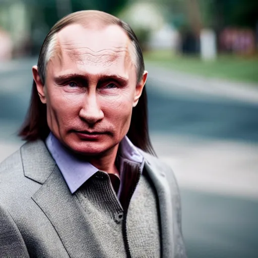 Prompt: ultrarealistic portrait of vladimir putin with a mullet haircut, canon eos r 3, f / 1. 4, iso 2 0 0, 1 / 1 6 0 s, 8 k, raw, unedited, symmetrical balance, in - frame