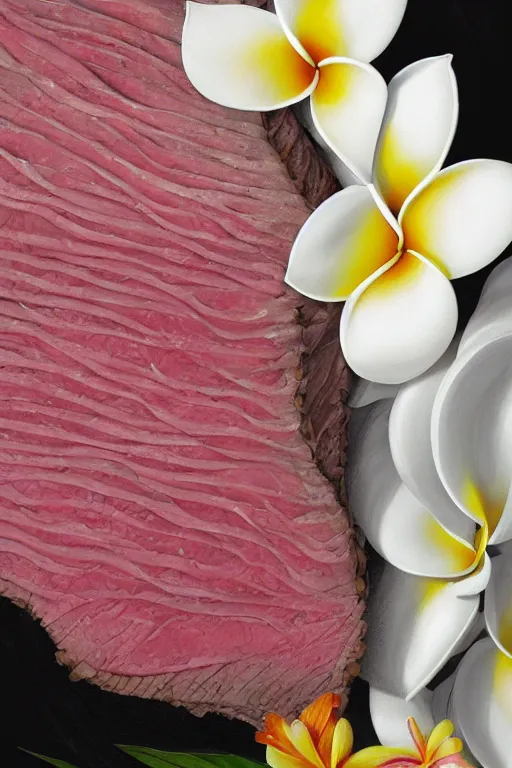 Image similar to ultra realistic illustration, portrait of sliced roast beef covered in white yogurt, plumeria tropical bouquet background, close up shot, fantasy, intricate, elegant, highly detailed, digital painting, artstation, concept art, smooth, sharp focus, illustration, surrealism