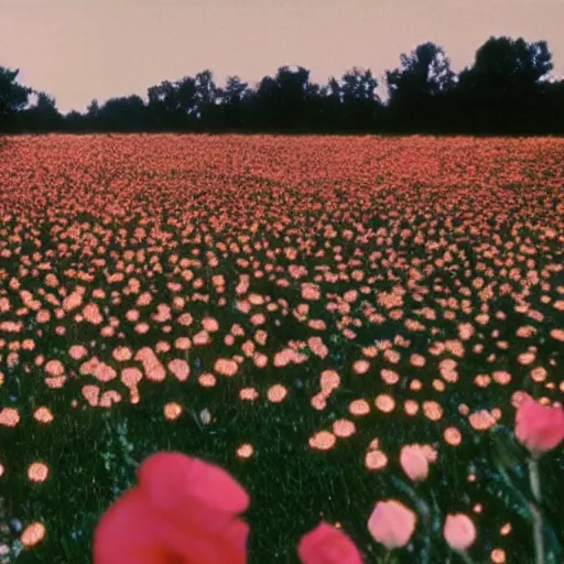 Image similar to 1 9 8 0 s movie ultra wide scene of a cult in a field of flowers, a scene from midsommar, old damage vhs, crt, bright lighting, 1 0 mm film, hyperrealistic, beautiful lighting