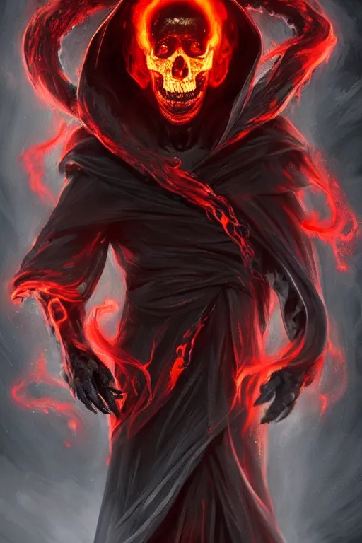 Image similar to A full body portrait of a mysterious character with a flaming skull with a very long hooded blood red and black cloak, tentacles coming out the ground art by Jason Chan and Gilles Beloeil, ominous, cosmic horror, trending on artstation, Ultra detailed, hyper realistic 4k