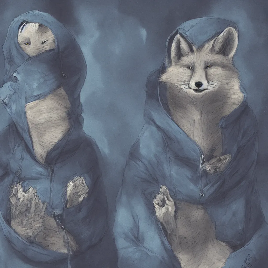 Prompt: an anthropomorphic fox in a blue hoodie sitting in front of the computer, dark tones, concept art, digital art, highly detailed, anime, by hayao miyazaki