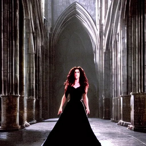 Image similar to jennifer connelly as a vampire showing her fangs in a gloomy gothic cathedral at night