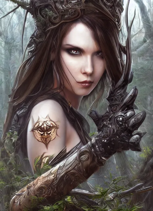 Prompt: a highly detailed symmetrical painting of a female fantasy ranger with piercing beautiful eyes in dark dead forest setting, trending on artstation, art by artgerm and karol bak and mark brooks