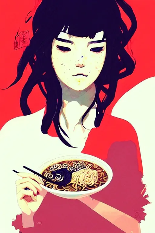 Image similar to a ultradetailed beautiful painting of a stylish woman eating ramen, by conrad roset, greg rutkowski and makoto shinkai trending on artstation