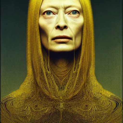 Image similar to Woman masterpiece, Tilda Swinton, yellow, golden halo behind her head, wires everywhere, by Edgar Maxence and Ross Tran, Zdzisław Beksiński, and Michael Whelan, distant, gustav dore, H.R. Giger, 8k, octane render