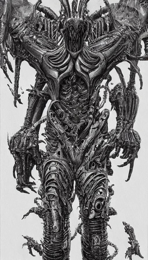 Image similar to Xenomorph themed painting of symmetrical torso black and grey inferno armor with extended evil armored hands concept, intricate artwork by H.R. Giger, Johnatan Wayshak, Zdizslaw Beksinski, Ayami Kojima, Amano, Karol Bak, Moebius, and Mark Brooks, Neo-Gothic, gothic, rich deep colors, art by Takato Yamamoto, masterpiece, face by Artgerm, very coherent artwork, cinematic, hyper realism, high detail, octane render, unreal engine, 8k, High contrast, golden ratio, trending on cgsociety