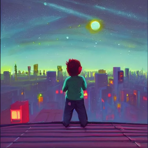 Prompt: a kid in a big city, on a rooftop, watches a beautiful night full of stars and tech buildings, from a by paul lehr