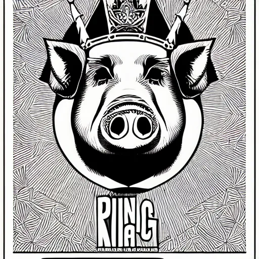 Image similar to Portrait of pig as a king by Shepard Fairey, black and white, full body, zoomed out, line art, illustration, ink, technical drawing