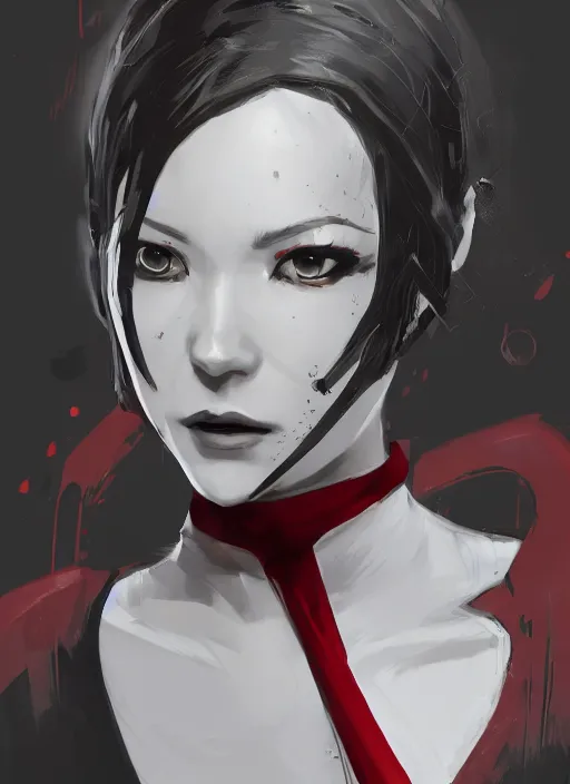 Prompt: highly detailed portrait of a emma peel, by dustin nguyen, akihiko yoshida, greg tocchini, greg rutkowski, cliff chiang, 4 k resolution, nier : automata inspired, bravely default inspired, vibrant but dreary red, black and white color scheme!!!