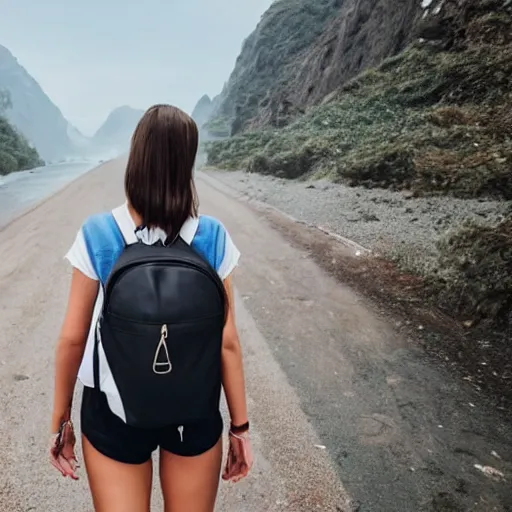 Prompt: A young lonely woman on her own travelling the world, with shorts and wearing backpack