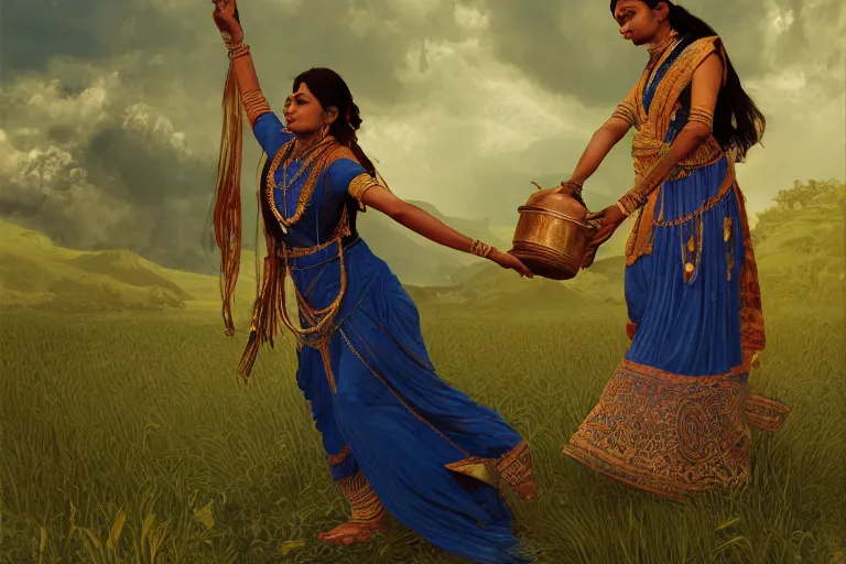Prompt: an indian women getting water,digital painting, Pre-Raphaelites, highly detailed, concept art, smooth, sharp focus, gold and indigo, illustration, cinematic style, 35mm, art by Yoshitaka Amano