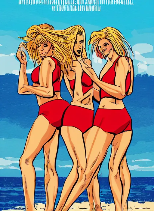 Image similar to female equal rights at the beach, cover of a magazine, high definition, digital art, comic style, sunny day, Baywatch