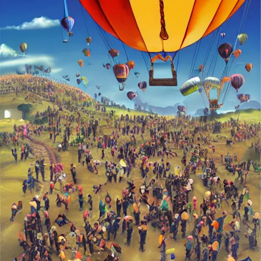 Image similar to a hot air balloon invasion by many ninjas, fiasco, hyper realistic, detailed, ninjas and balloon in foreground