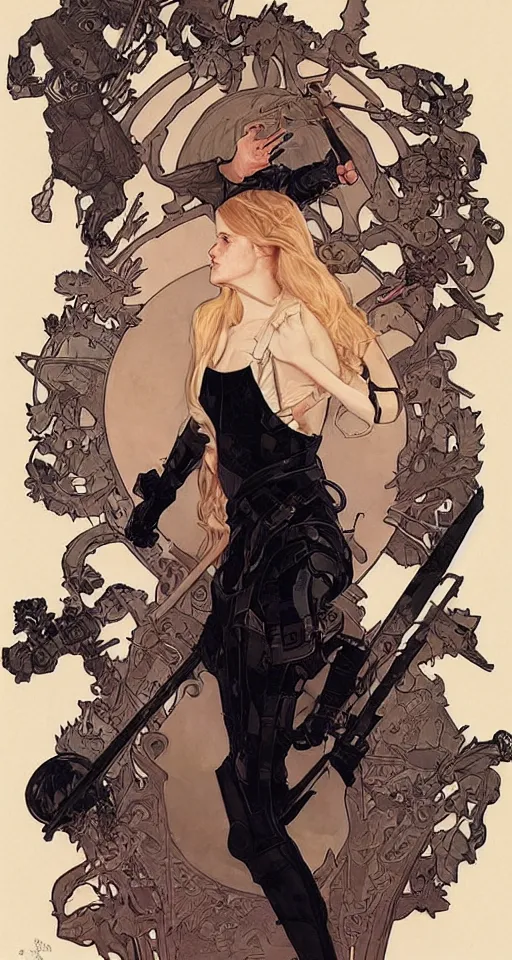 Prompt: mackenzie davis actress wearing black armour with bare legs, mucha, hard shadows and strong rim light, art by jc leyendecker and atey ghailan and sachin teng