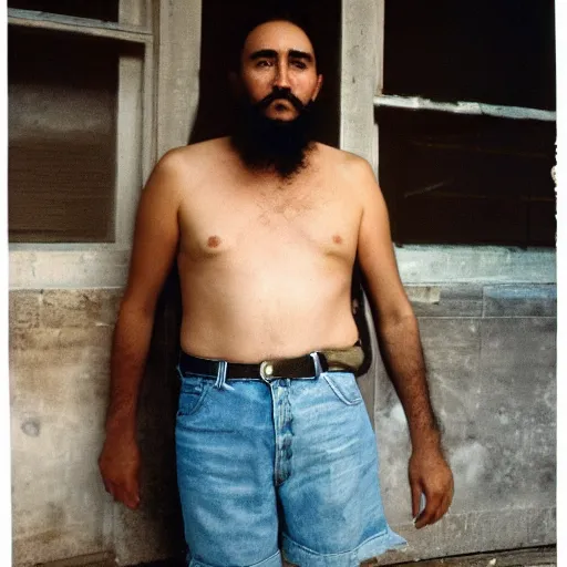 Image similar to fidel castro wearing denim shorts, from behind, full body portrait, 3 5 mm film, by nan goldin