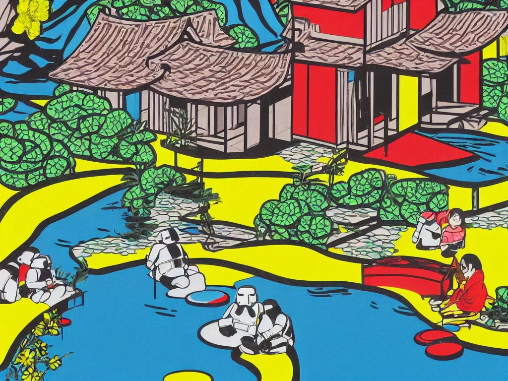 Prompt: close - up image of a japanese house with a pond, stormtroopers sitting around it, pop - art style, the style of andy warhol, roy lichtenstein and jackie tsai, bright and saturated palette, acrylic on canvas