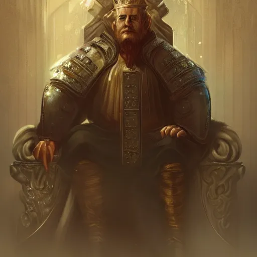 Prompt: A portrait of an old medieval king, weary, sitting on his throne, Charlie Bowater art style, digital fantasy portrait