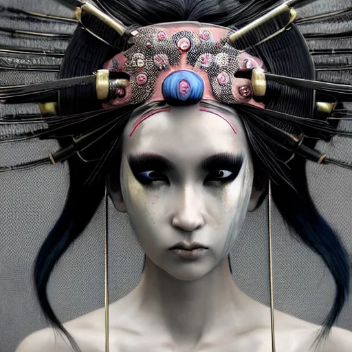 Prompt: japanese cyborg geishas in a ceremony with extremely detailed headdress, inspired by die antwoord beautiful, hand painted textures, cloth physics, deviantart, karol bak, masamune shirow, black and white, beautiful kawaii lighting, photorealistic, concept art, perfect render, 3 d render, pixar, 8 k