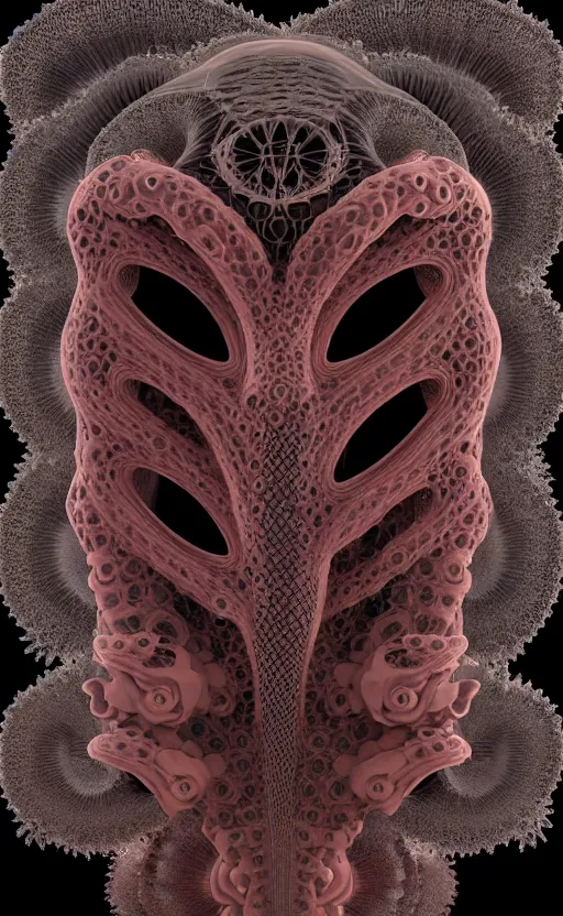 Image similar to gothic goddess intricate mask, eagle coral, jelly fish, mandelbulb 3 d, fractal flame, octane render, cyborg, biomechanical, futuristic, by ernst haeckel