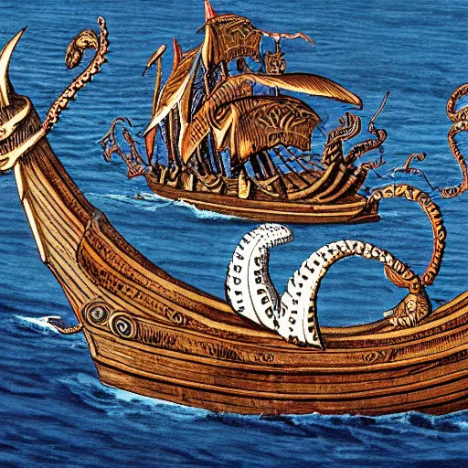 Image similar to kraken attacking a viking long ship in the middle of the ocean old european map