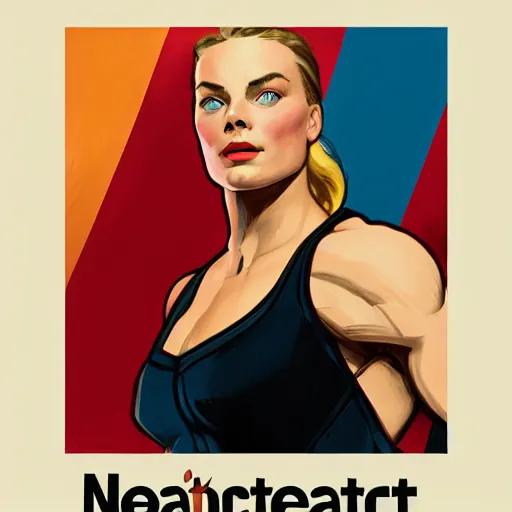 Image similar to socialist realism propaganda poster of margot robbie as beautiful female very muscular weightlifter from overwatch, portrait, profile picture, socialist realism, highly detailed, intricate, digital painting, artstation, sharp focus, illustration, art by jakub rozalski, greg rutkowski, artgerm, tan zi and ayanamikodon and alphonse mucha and wlop