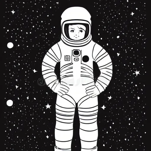 Prompt: clean simple line art of a cute little boy with short straight white hair floating in space. he is an astronaut, wearing a space suit. white background. well composed, clean black and white line drawing, beautiful detailed face. illustration by charlie adlard and steve ditko