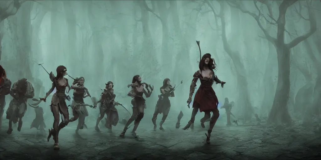 Image similar to cinematic, concept art, high fantasy matte painting, of a female bard and her adventuring party running from an angry crowd, foggy, depth of field, 8k, 35mm film grain, unreal engine 5 render