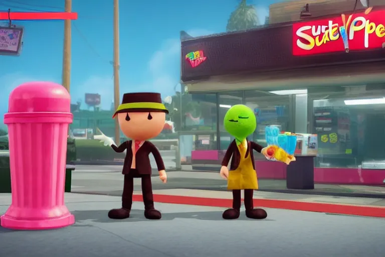 Prompt: agent 4 7 ordering a slurpee at 7 1 1, ps 4 little big planet screenshot