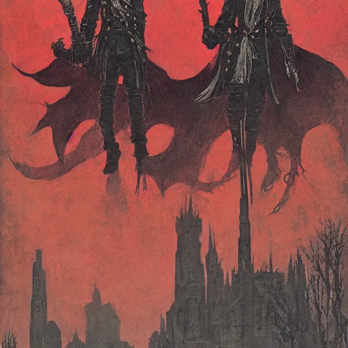 Image similar to hunter from bloodborne in yharnam, style by retrofuturism, faded red and yelow, by malcolm smith, old comics in city, nicholas roerich, katinka reinke