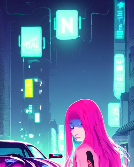 Image similar to digital illustration of cyberpunk pretty girl with pink hair, standing by a blue ford gt in a street at night, under streetlights, by makoto shinkai, ilya kuvshinov, lois van baarle, rossdraws, basquiat