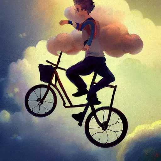 Image similar to A whimsical painting of a happy man flying in the sky on his bicycle in the clouds, digital art by Ross Tran