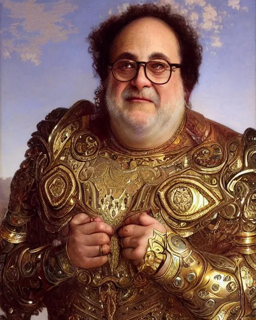 Image similar to Daniel DeVito , dressed in ornate, detailed, intricate iridescent opal armor, detailed oil painting by William Adolphe Bouguereau and Donato Giancola