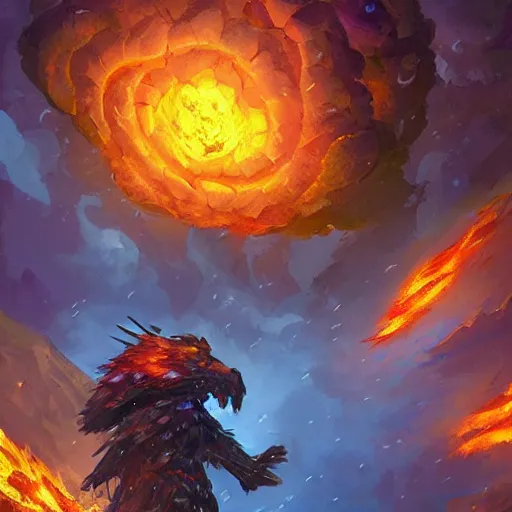 Prompt: giant fiery meteors rain, hearthstone art style, epic fantasy style art, fantasy epic digital art, epic fantasy card game art