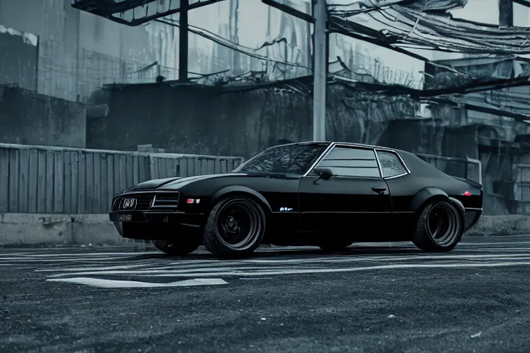 Image similar to widebody all black audi camaro b 1 ( 1 9 6 9 ), need for speed : carbon, at night, sci - fi, neon lines, phonk music background, smoke behind wheels, noise, dark, establishing shot, by simon stalenhag