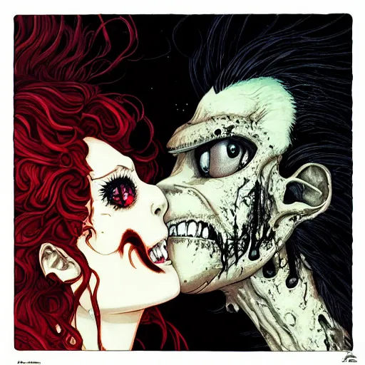 Image similar to closeup of melting kissing vampires, catelvania, by yoichi hatakenaka, masamune shirow, josan gonzales and dan mumford, ayami kojima, takato yamamoto, barclay shaw, karol bak