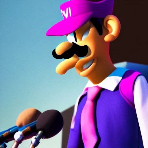 Prompt: photograph of waluigi as a presidential candidate giving a speech. Dramatic lighting. Award winning photography.