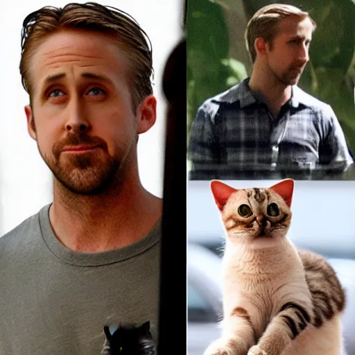 Image similar to ryan gosling morphing into a cat