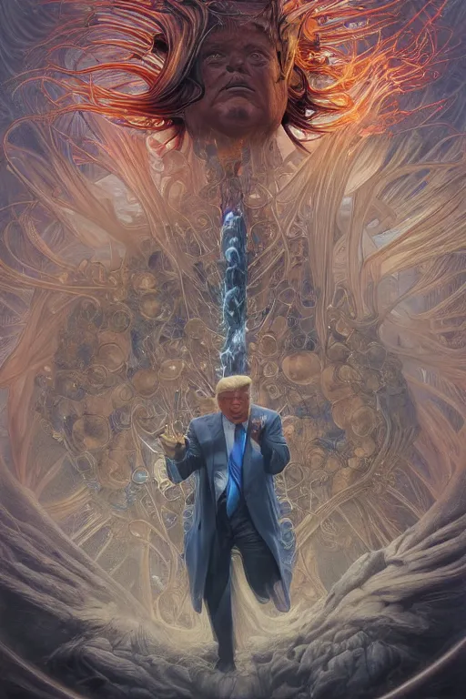 Image similar to donald trump, by artgerm and yoshitaka amano and moebius and hr giger and zdislaw beksinski and alphonse mucha, hyperdetailed, symmetry, glamour, surreal, dc comics, ornate, stunning, nebula, explosions in the sky, trending on artstation