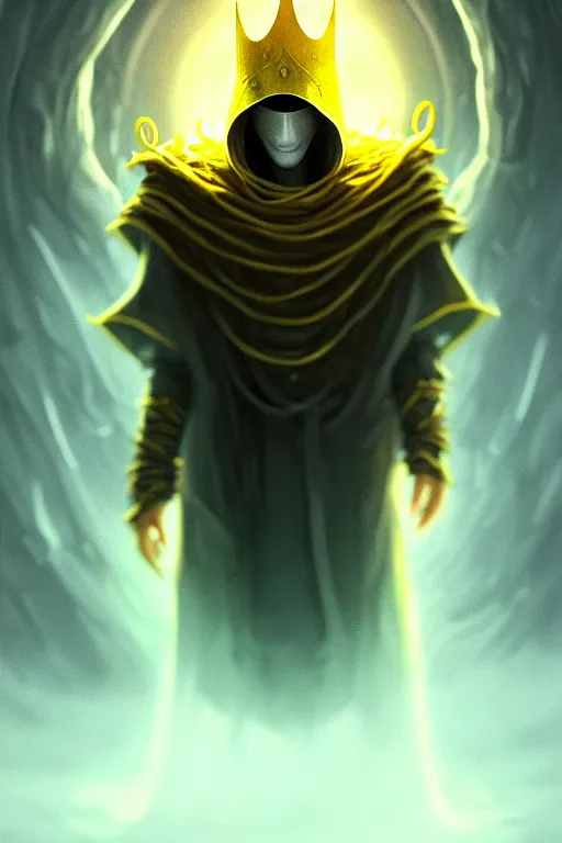 Image similar to A full body portrait of a mysterious character with no face with a very long hooded yellow cloak, a golden crown floating above his head tentacles coming out the ground art by James Paick, and Shaddy Safadi, ominous, cosmic horror, trending on artstation, Ultra detailed, hyper realistic 4k