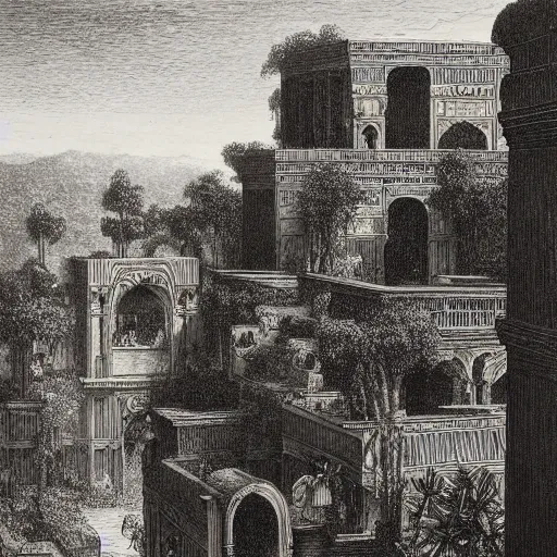 Image similar to the hanging gardens of babylon, gustave dore lithography