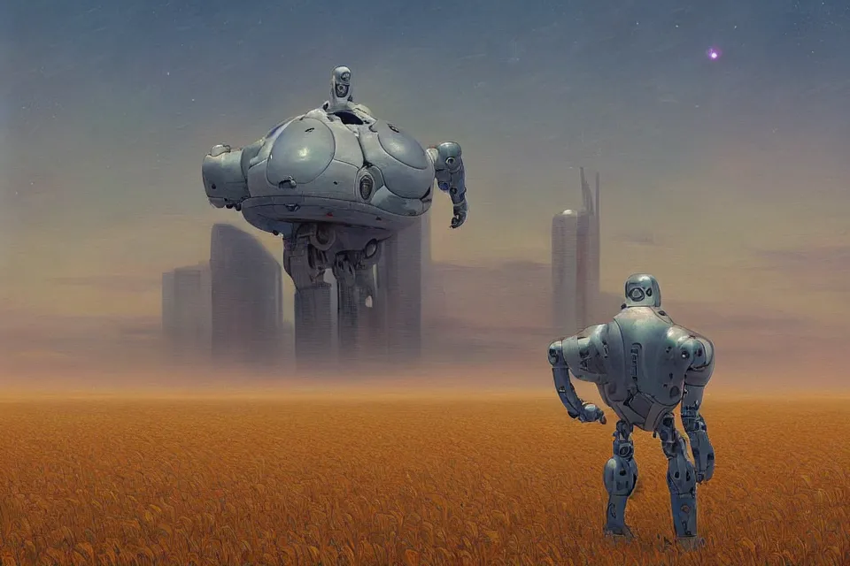 Image similar to sci-fi painting of a large alien city on the vast wheat fields, the closed back view of one humanoid robot on the ground, by Christopher Balaskas, godrays, detailed