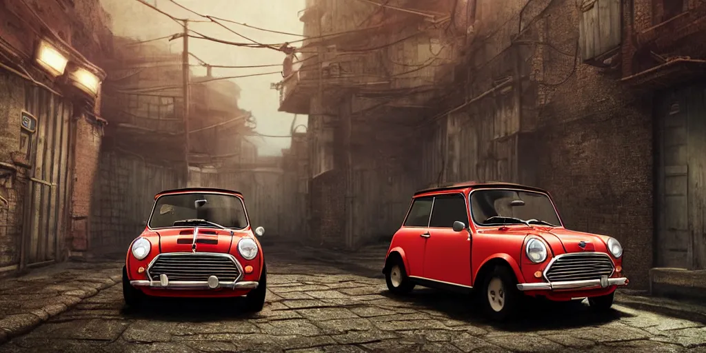 Image similar to a wholesome animation key shot of a focused old Red Mini Cooper car parked in an abandoned alleyway, medium shot, waist up, studio Ghibli, Pixar and Disney animation, sharp, very detailed, high resolution, Rendered in Unreal Engine 5, anime key art by Greg Rutkowski, Bloom, dramatic lighting