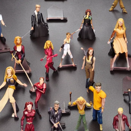 Image similar to extremely detailed photo of Buffy the Vampire Slayer action figures in a row on a table