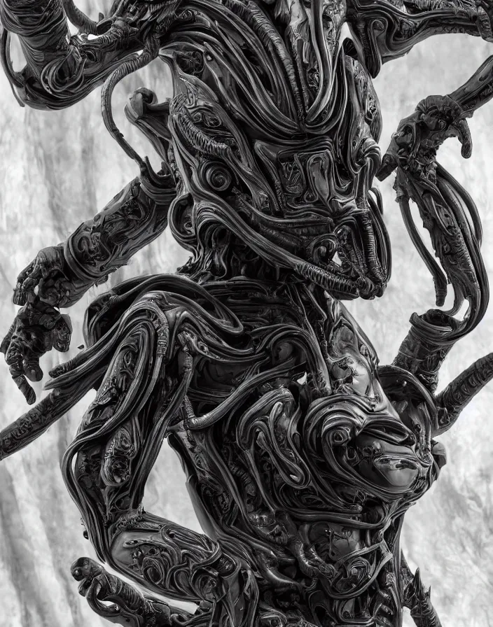 Image similar to engineer prometheus, xenomorph alien, highly detailed, symmetrical long head, smooth marble surfaces, detailed ink illustration, raiden metal gear, cinematic smooth stone, deep aesthetic, concept art, post process, 4k, carved marble texture and silk cloth, latex skin, highly ornate intricate details, prometheus, evil, moody lighting, hr geiger, hayao miyazaki, indsutrial Steampunk