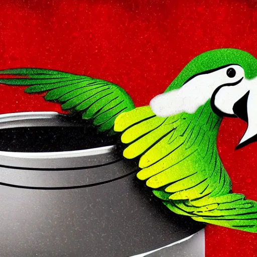 Prompt: parrot flying above the pot with boiling water, Soviet style kitchen background, realistic