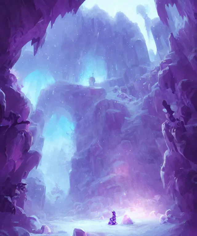 Prompt: The benevolent purple amethyst spirit in a magical crystal icy cave, tense cinematic composition, by Andreas Rocha