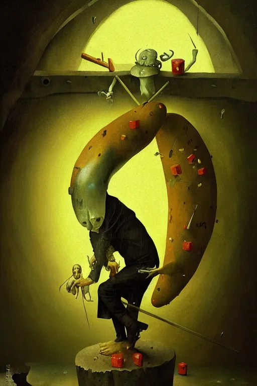 Image similar to hieronymus bosch, greg rutkowski, anna podedworna, painting of a human pickle in a suit