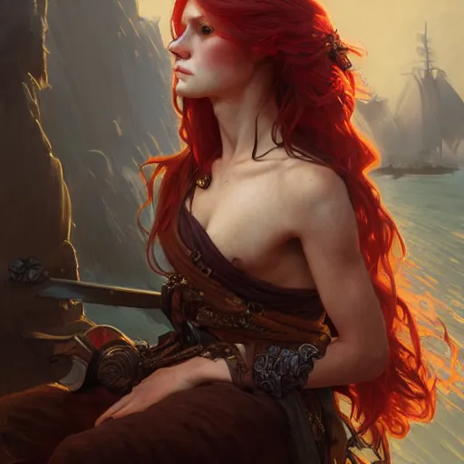 Image similar to portrait of a young rugged pirate, upper body, red hair, long hair, D&D, fantasy, intricate, elegant, highly detailed, digital painting, artstation, concept art, matte, sharp focus, illustration, art by Artgerm and Greg Rutkowski and Alphonse Mucha