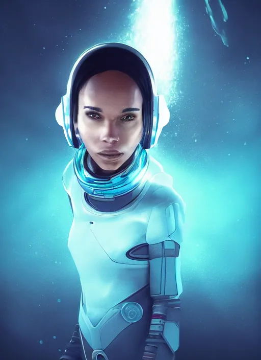 Image similar to Zoe Kravitz with short hair as a futuristic astronaut, helmet with led lights, underwater in the ocean at night, clear water, volumetric lighting, glowing lights, 4k, octane, underwater photography, artstation, concept art, sharp focus, wide angle view,